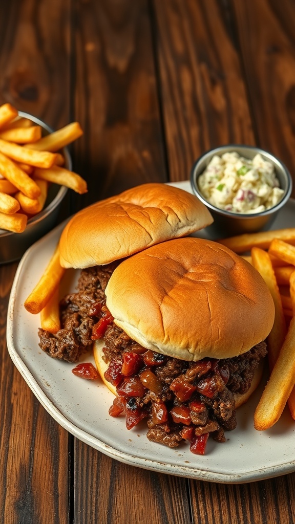 Two BBQ Beef Sloppy Joes on a plate with fries and coleslaw