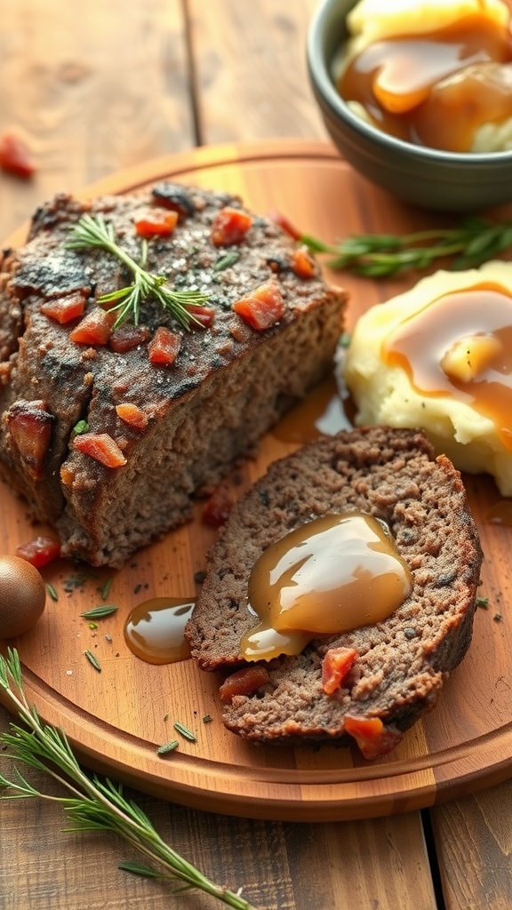 A slice of beef and bacon meatloaf served with mashed potatoes and gravy on a wooden platter.