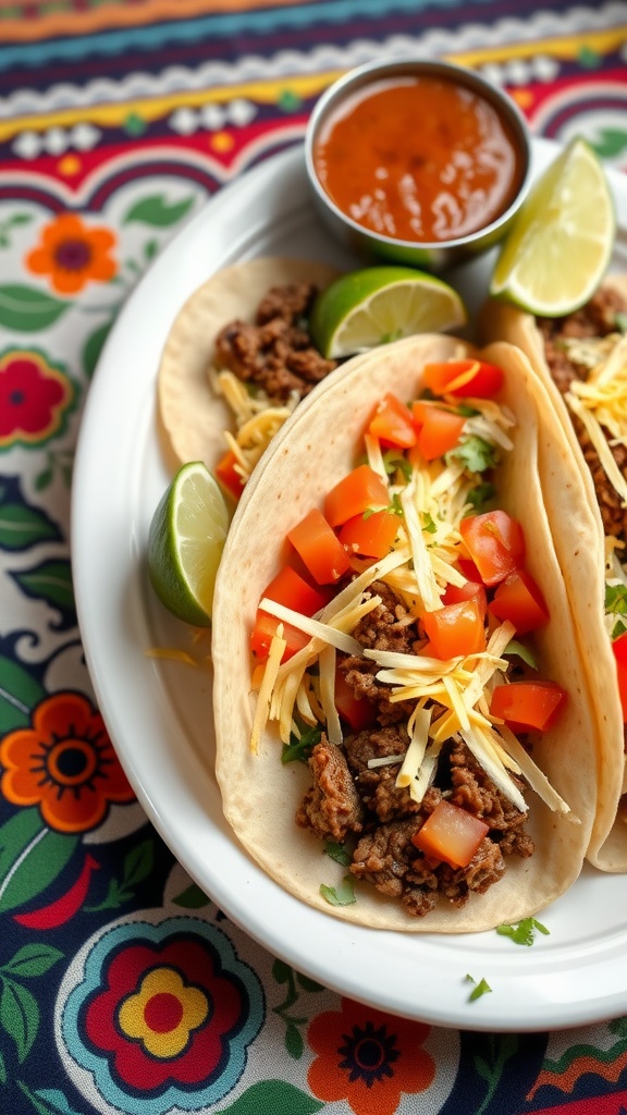 Two beef tacos with toppings of cheese and tomatoes, served with lime and salsa.