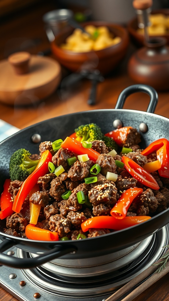 A sizzling stir-fry dish featuring ground beef, colorful bell peppers, and broccoli in a wok.