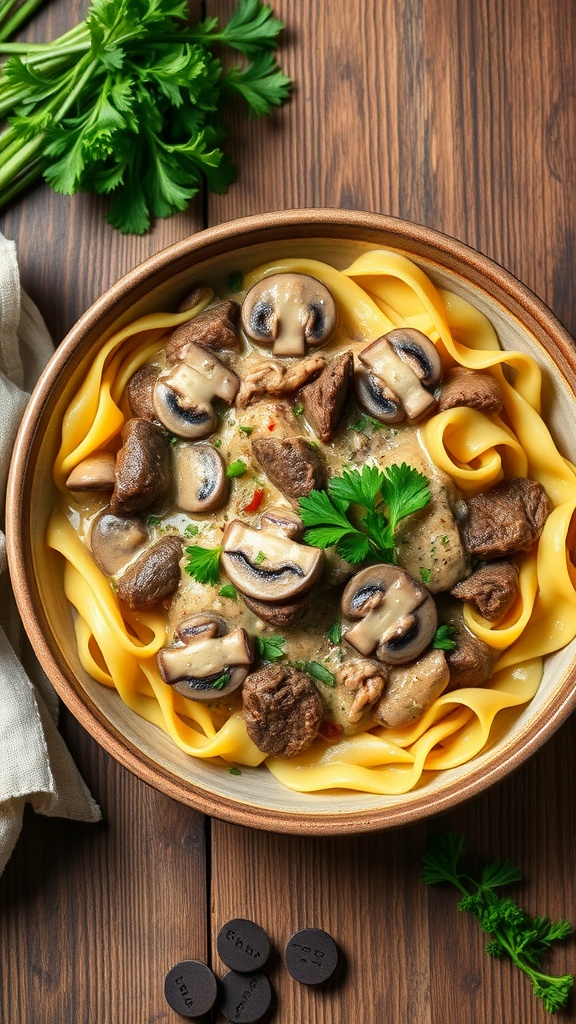 A bowl of Beef Stroganoff with egg noodles, mushrooms, and parsley on a wooden table.