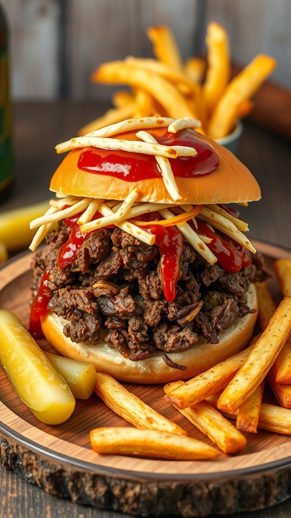 BBQ chopped beef sandwich with fries and pickles on a wooden plate