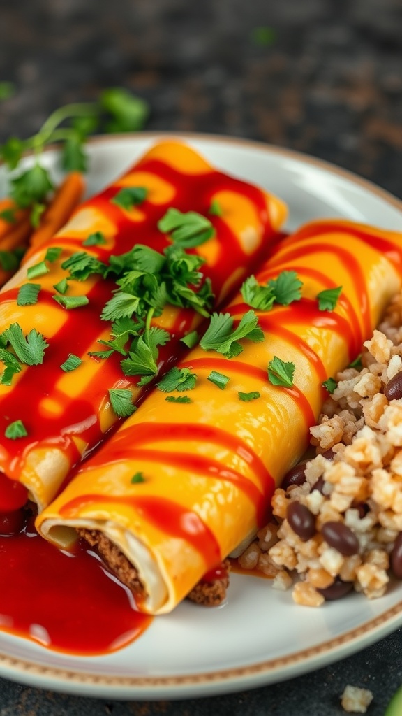 A plate of beef and cheese enchiladas drizzled with sauce, garnished with cilantro, and served with rice.