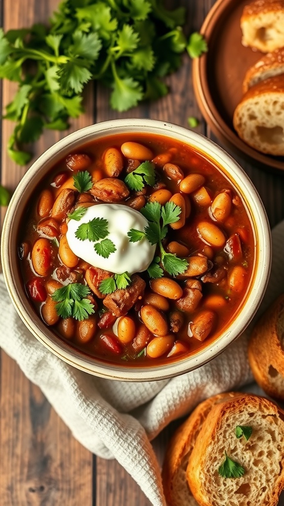 A bowl of beef chili with beans topped with sour cream and cilantro, alongside slices of bread.