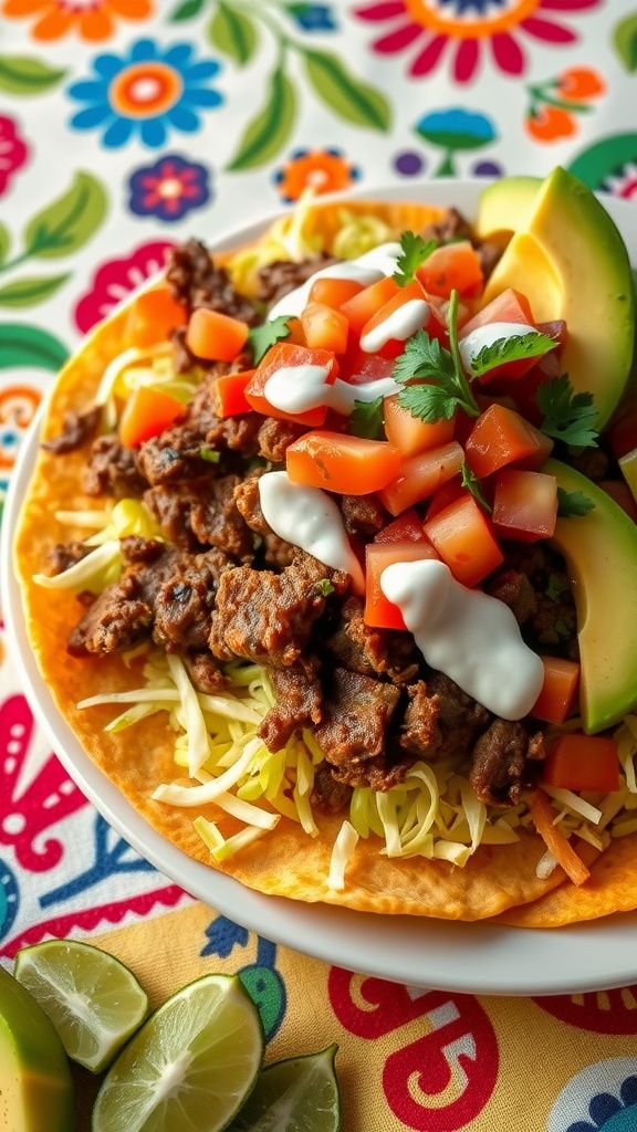 A plate of beef tostadas topped with ground beef, diced tomatoes, avocado, and sour cream on a colorful floral tablecloth.