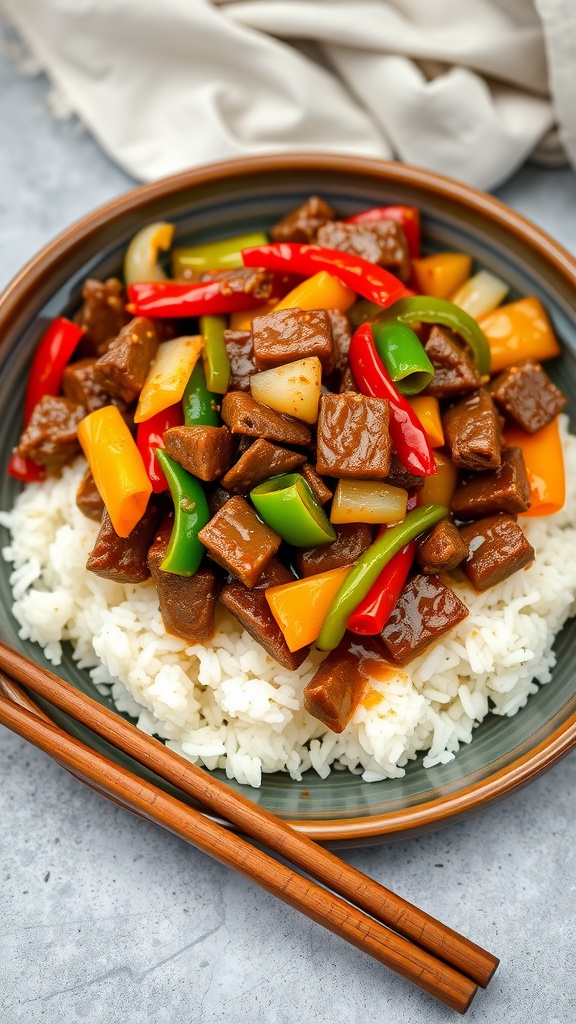 A plate of sweet and sour chopped beef with bell peppers on rice, accompanied by chopsticks.