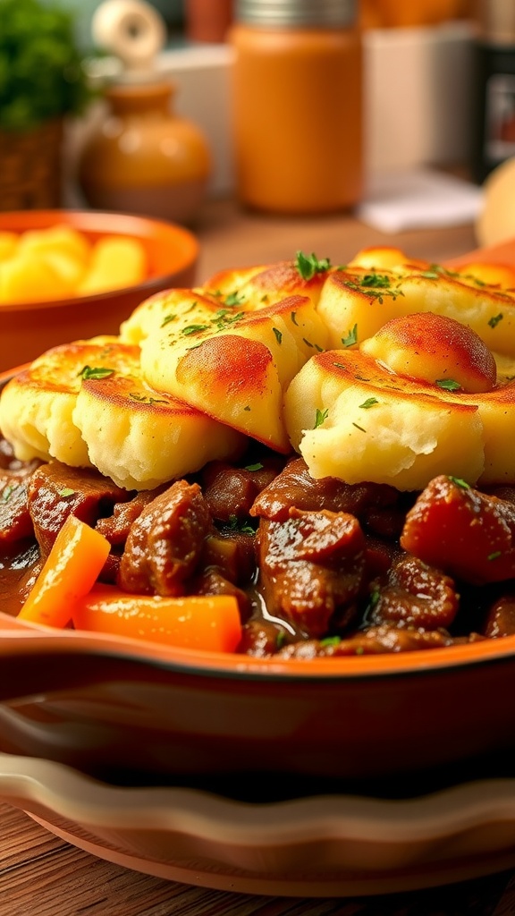 A delicious beef casserole with mashed potatoes on top, served in a dish.