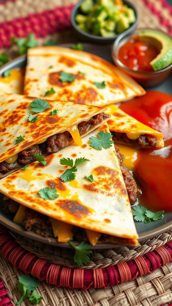 A plate of beef quesadillas served with cilantro, salsa, and guacamole