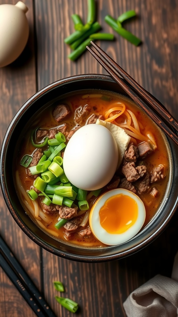 A bowl of chopped beef ramen with leafy greens and a soft-boiled egg on top, placed on a wooden surface.