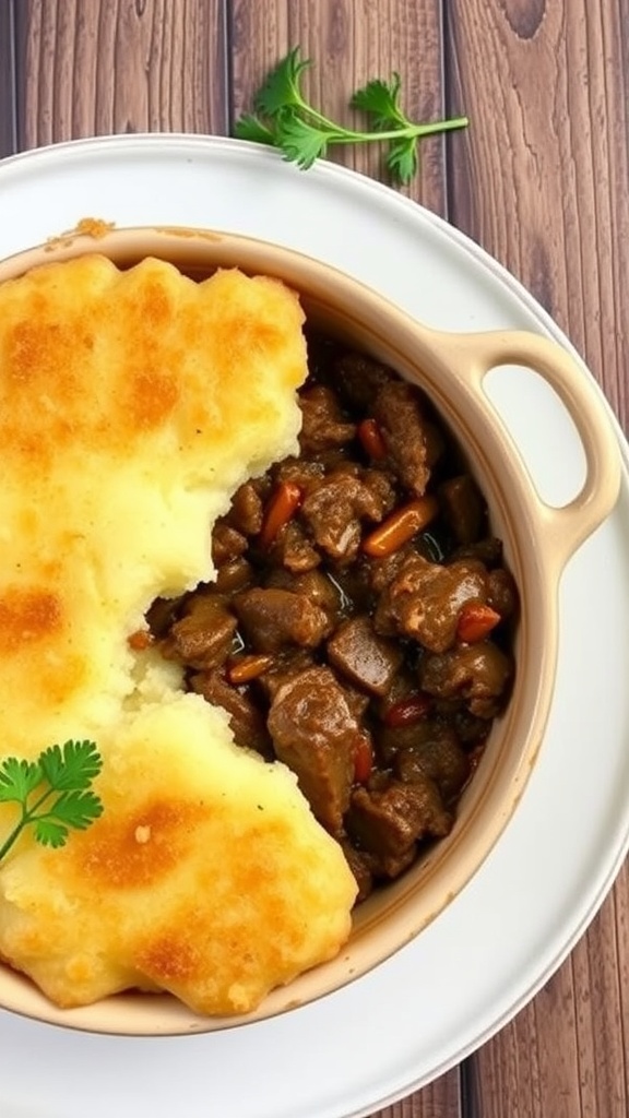 A bowl of Beef Shepherd's Pie with a golden topping and savory filling.