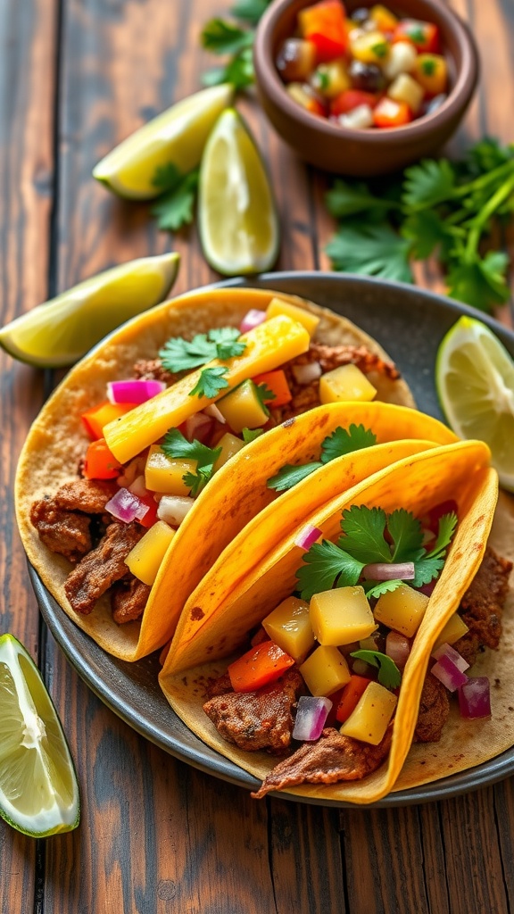 Three beef tacos al pastor on a plate with pineapple and cilantro, served with lime wedges.