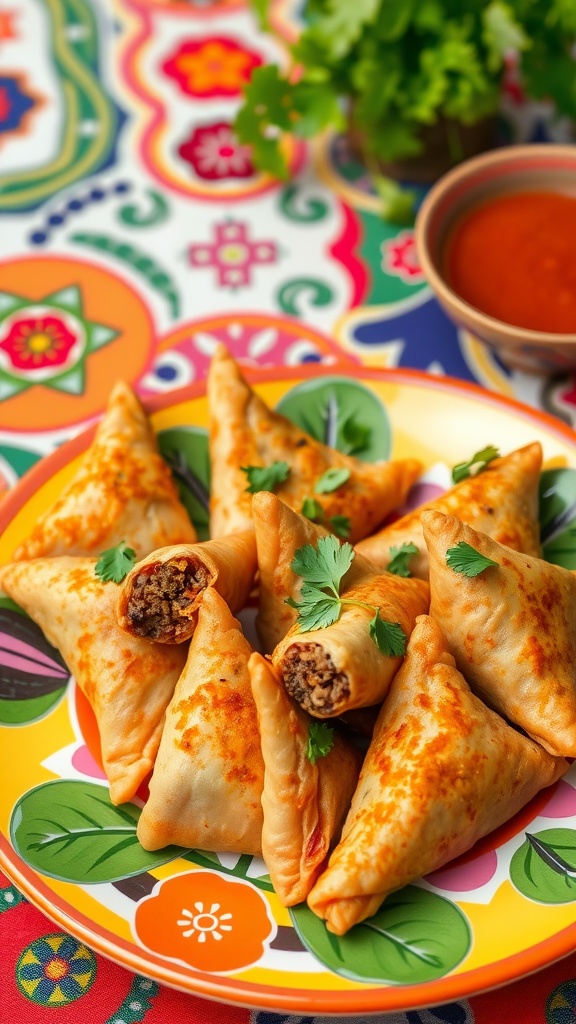 A colorful plate of chopped beef samosas garnished with cilantro, served with dipping sauce.