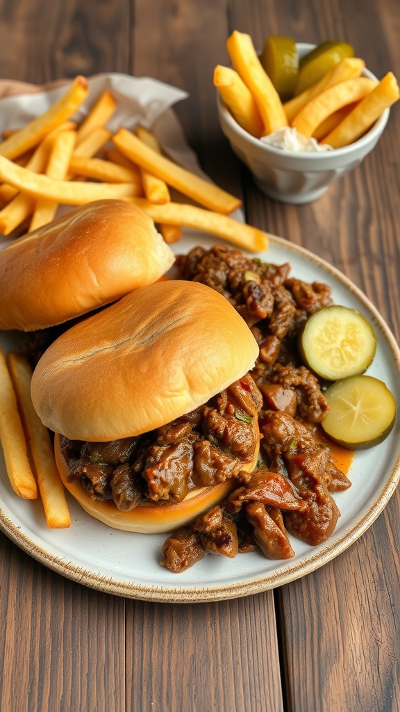 A plate of classic beef sloppy joes with fries and pickles.