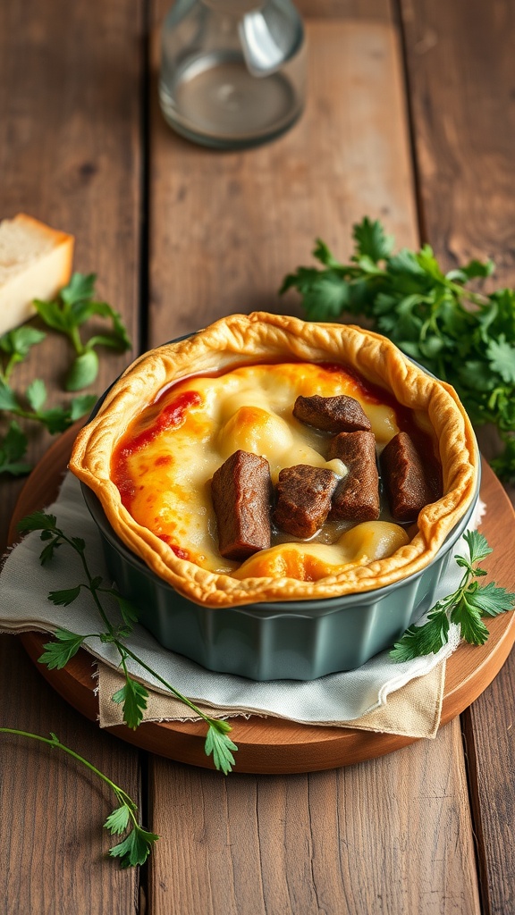 A freshly baked beef pot pie with a golden crust and chunks of beef, served on a wooden table.