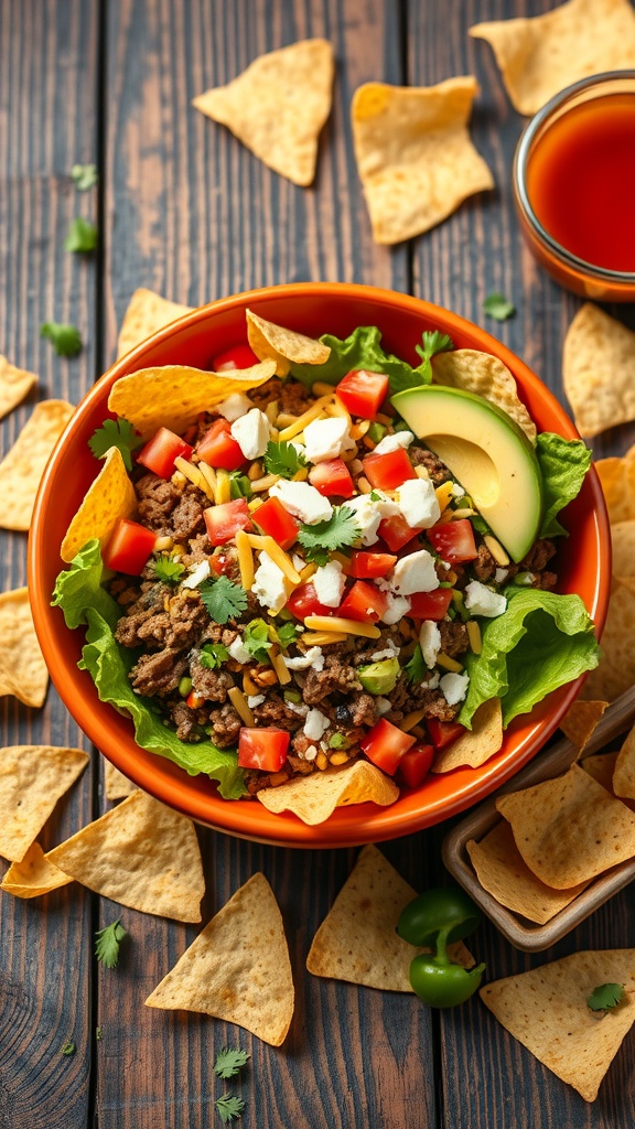 A vibrant beef taco salad with ground beef, lettuce, tomatoes, cheese, and avocado, surrounded by tortilla chips.