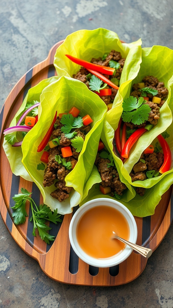 A wooden platter with Asian beef lettuce wraps filled with ground beef, colorful vegetables, and fresh cilantro, alongside a small bowl of sauce.