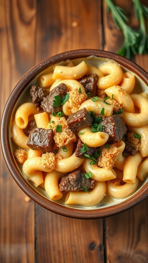 A bowl of creamy Beef Mac and Cheese with chunks of beef and garnished with herbs