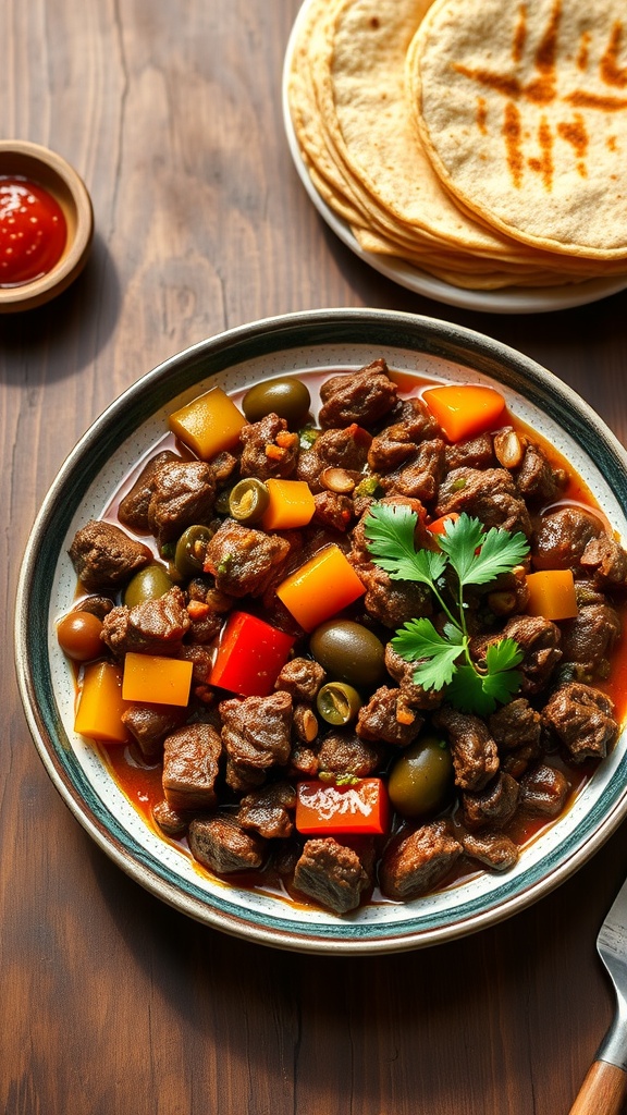 A colorful plate of Beef Picadillo with bell peppers, olives, and cilantro, served with tortillas.