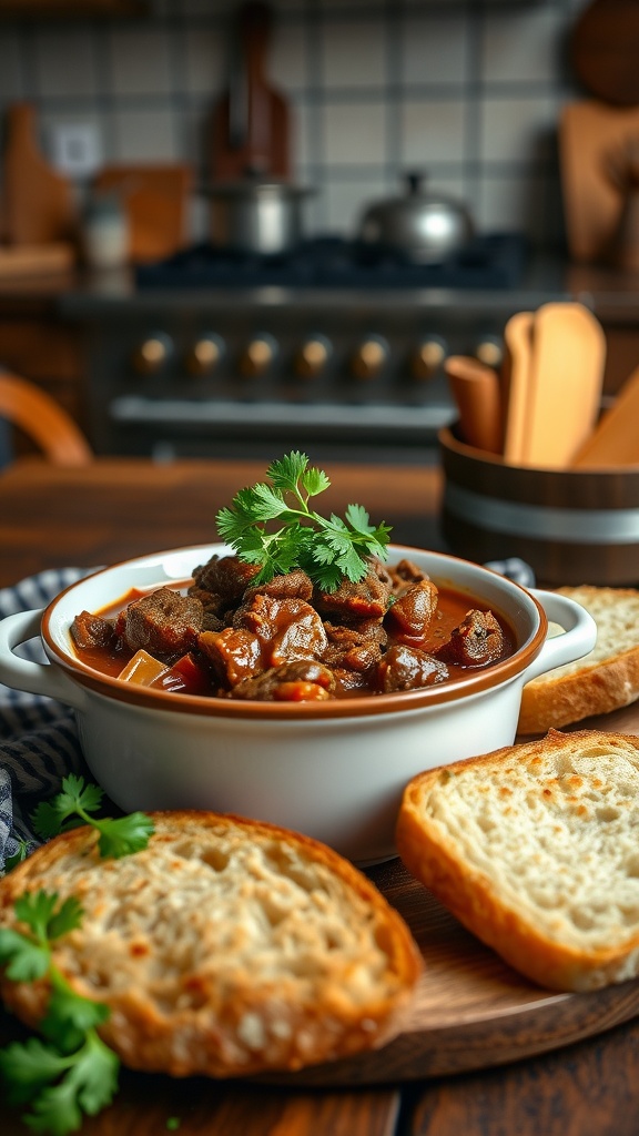 A bowl of beef goulash with fresh cilantro and slices of toasted bread on a wooden board.