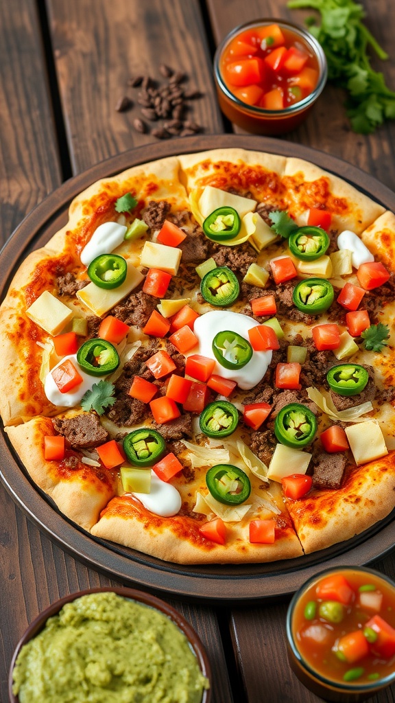 A Beef Taco Pizza topped with ground beef, vegetables, and cheese on a wooden table