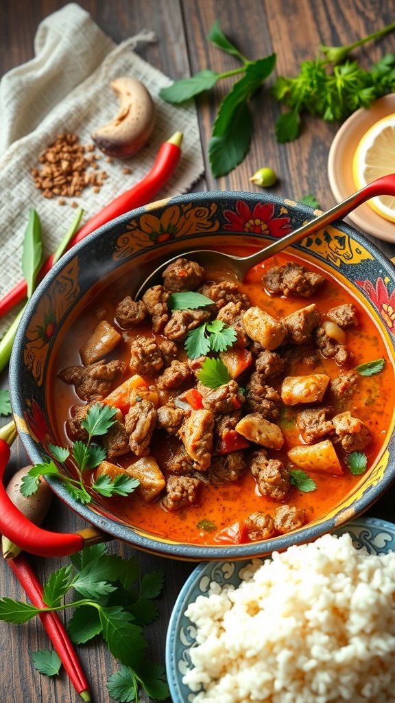 A bowl of ground beef curry garnished with fresh herbs, beside a plate of white rice and surrounded by fresh ingredients.