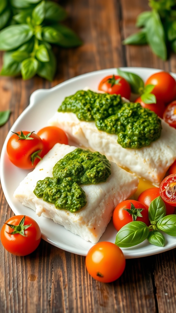 Baked Cod with Pesto and Cherry Tomatoes - Epicurean Escape