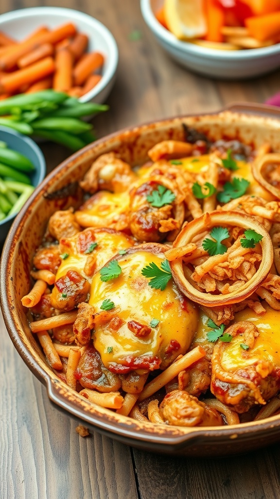 A hearty BBQ chicken casserole with cheese on top, surrounded by fresh vegetables.