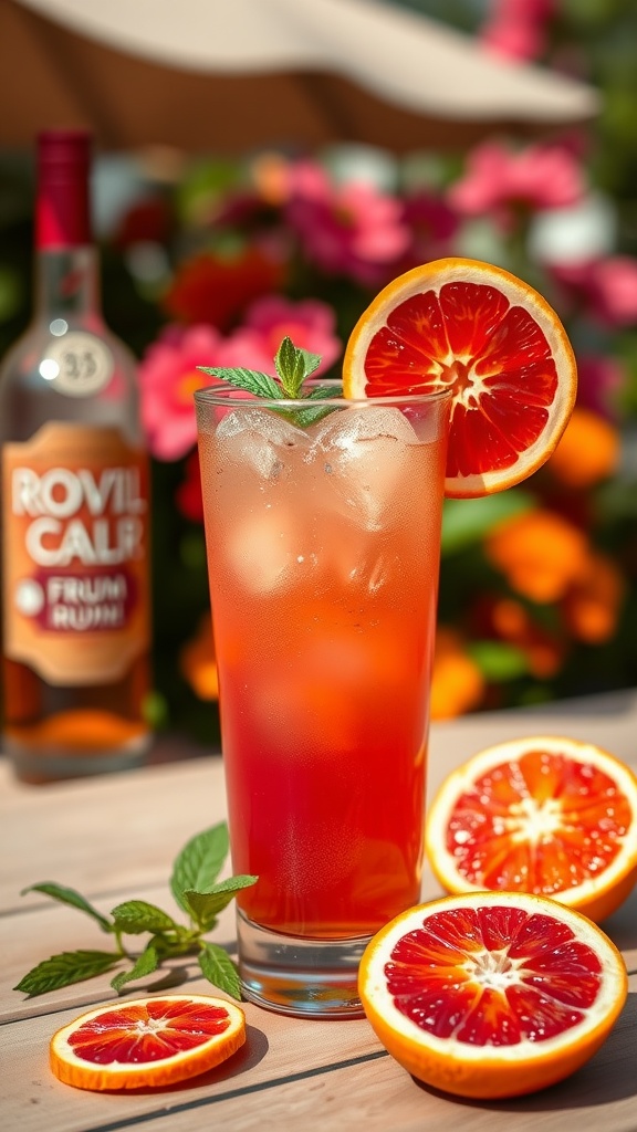 A refreshing Blood Orange Rum Spritz cocktail with garnishes of blood orange and mint, displayed in a vibrant garden setting.