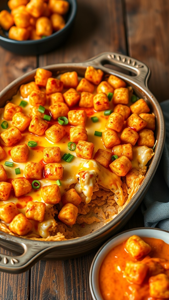 A delicious Buffalo Chicken Tater Tot Casserole topped with crispy tater tots and green onions.