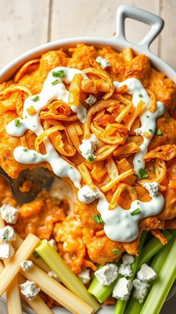 A delicious Buffalo Ranch casserole topped with crunchy fried onions, served with celery and blue cheese.