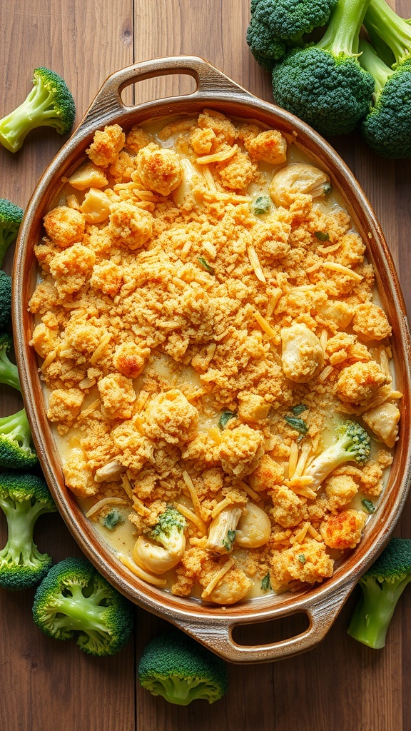 A creamy chicken and broccoli casserole topped with a crunchy layer, beside fresh broccoli
