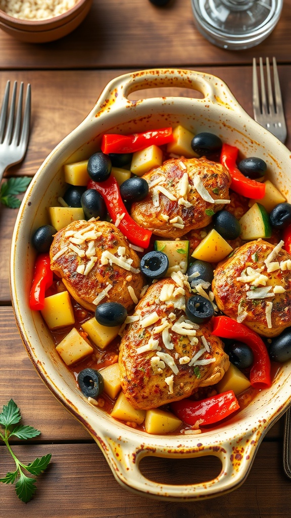 Mediterranean chicken casserole with chicken thighs, potatoes, red bell peppers, and olives in a dish