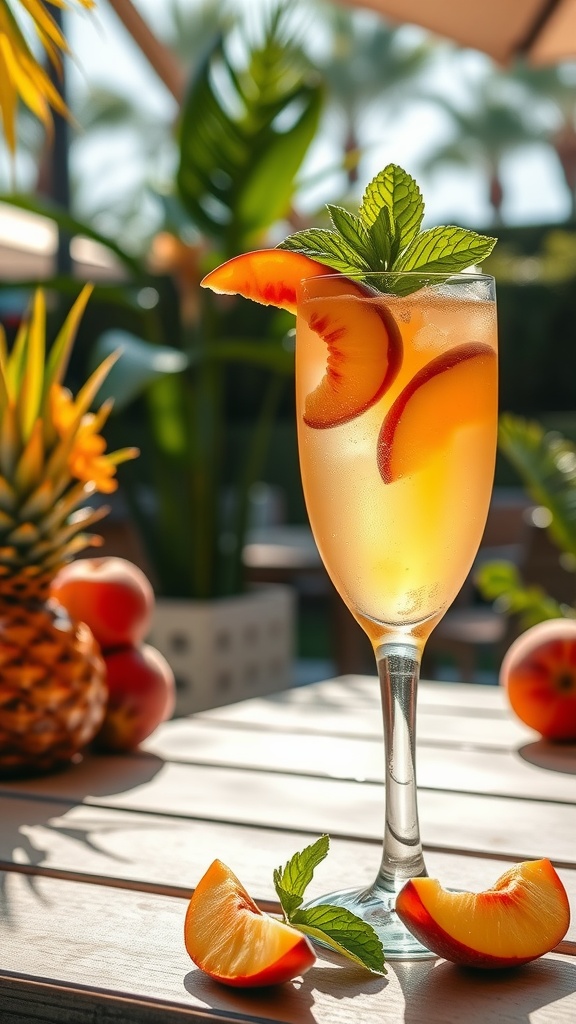 A refreshing Peach Rum Cooler cocktail garnished with peach slices and mint, set against a vibrant outdoor backdrop.