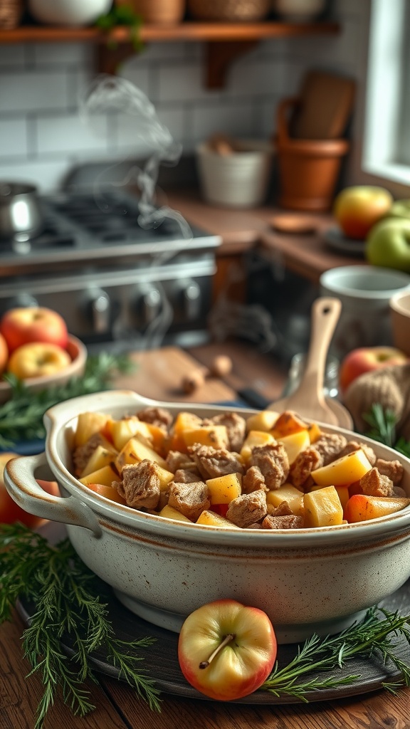 A cozy pork and apple casserole in a dish, surrounded by apples and herbs in a warm kitchen setting.