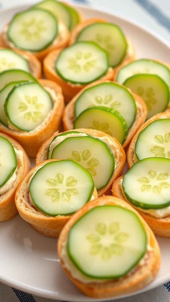 A plate of triangular cucumber sandwiches with cream cheese, garnished with dill, on a rustic table.