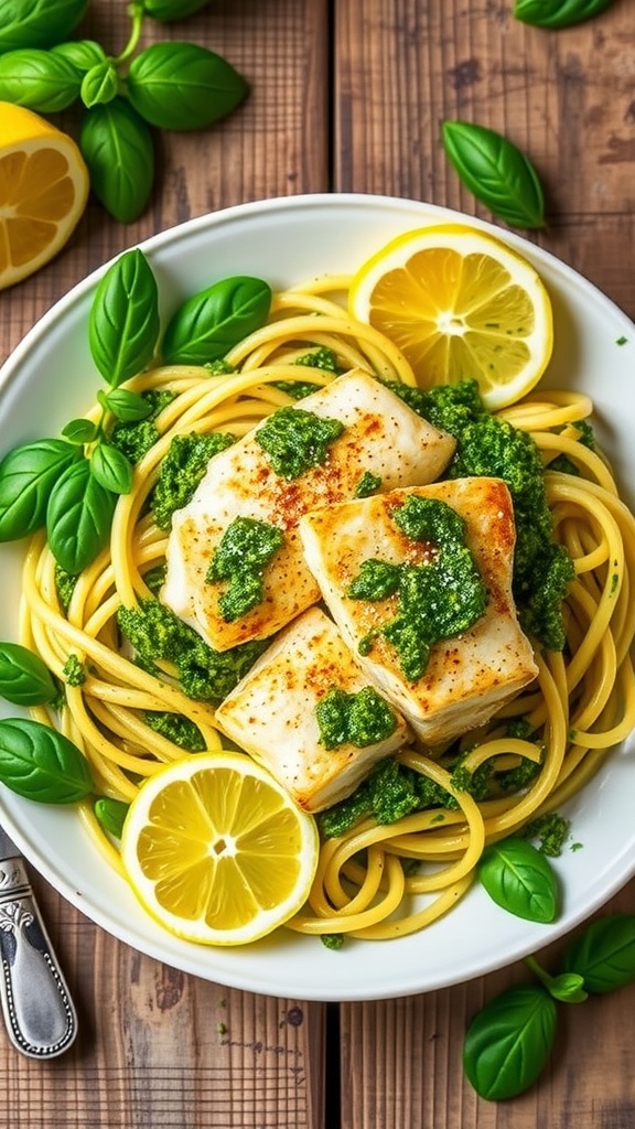 Plate of lemon herb sea bass pesto pasta topped with sea bass fillets, garnished with lemon and basil.