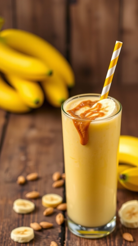 A tall glass of peanut butter banana smoothie topped with banana slices and peanut butter, on a wooden table.