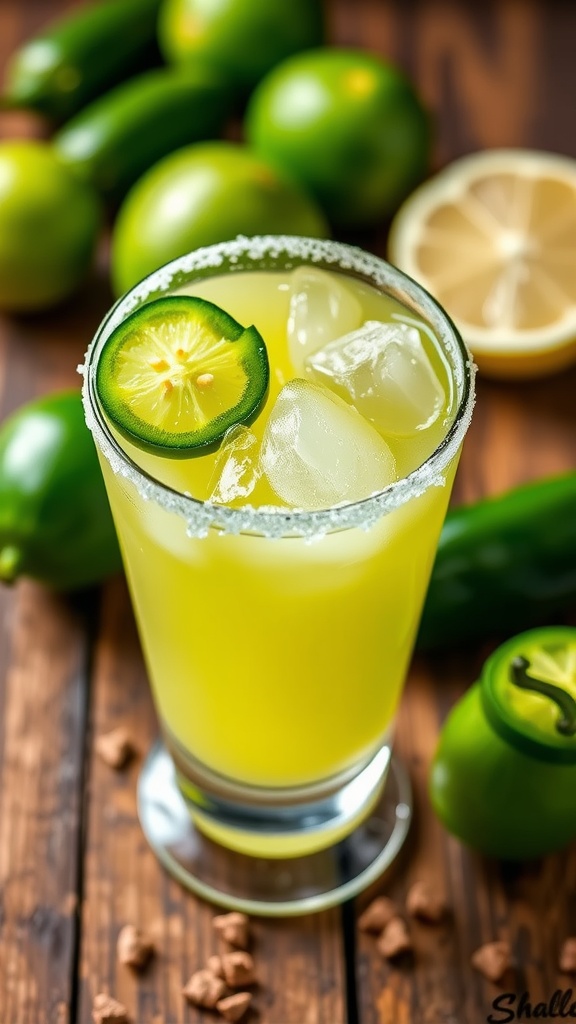 Spicy Jalapeño Gin Margarita in a salt-rimmed glass with lime and jalapeño garnish on a wooden table.
