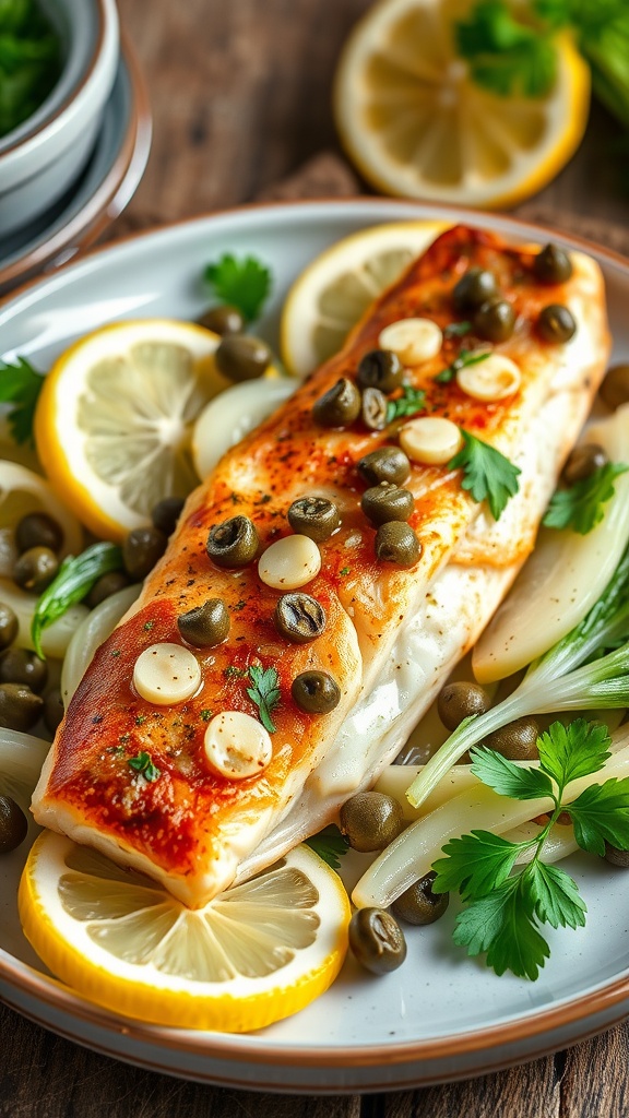 Mediterranean sea bass fillet with fennel and capers on a rustic plate, garnished with parsley and lemon slices.