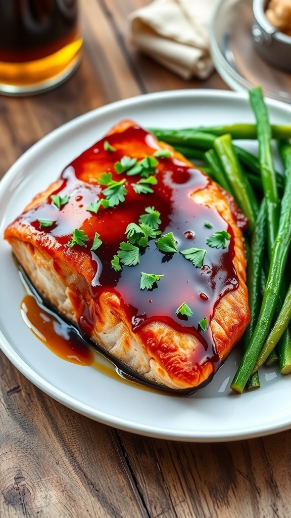 Honey balsamic glazed salmon fillets garnished with parsley, served with vegetables on a rustic table.