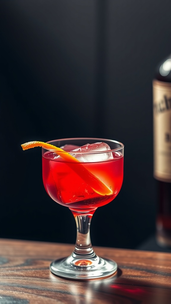 A close-up of a Bourbon Negroni cocktail with orange peel garnish on a wooden bar.