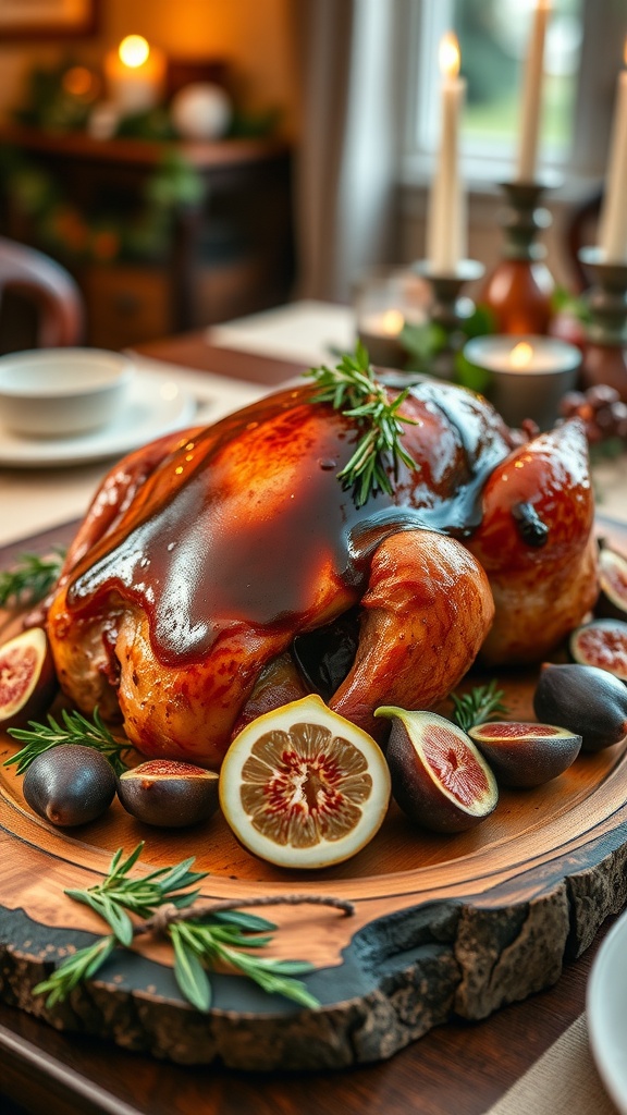 A beautifully roasted turkey with balsamic glaze and figs on a wooden platter, garnished with rosemary and lemon.