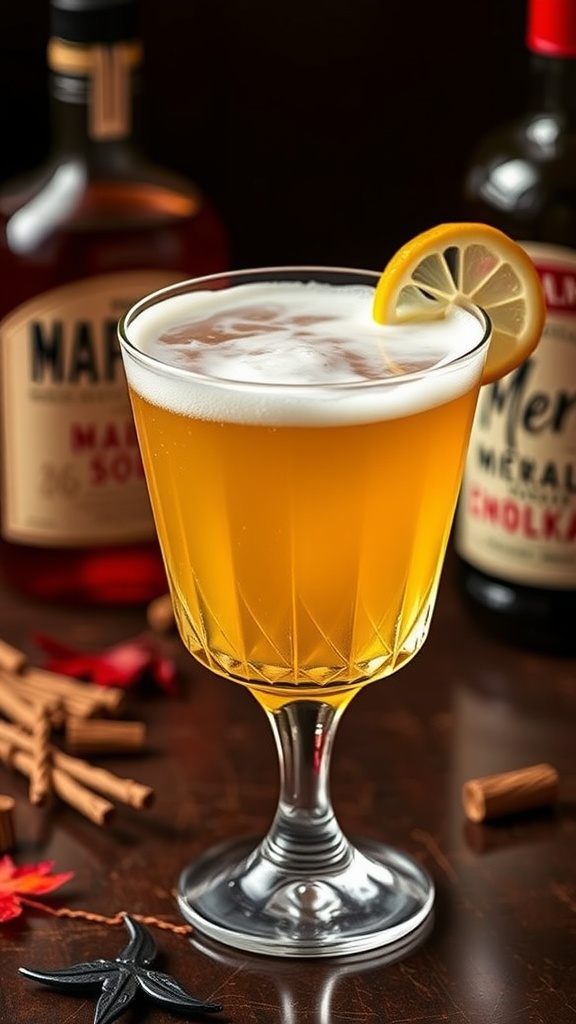 A Maple Vodka Sour cocktail in a glass with a lemon twist on a rustic bar.