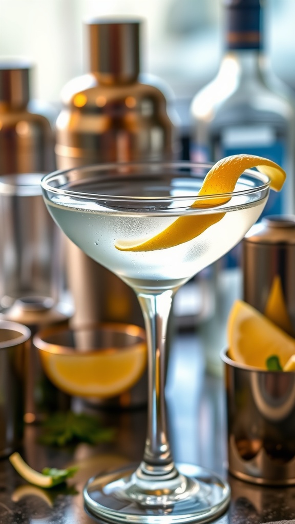 A classy gin martini in a coupe glass with a lemon twist, set in a sophisticated bar environment.