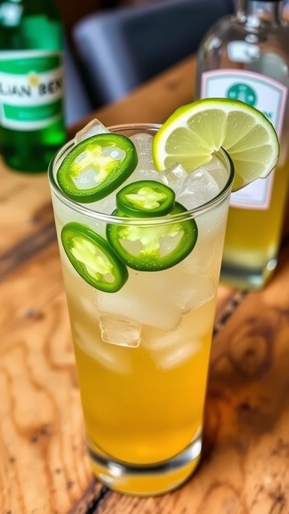 A refreshing spicy gin and tonic cocktail with jalapeño slices and lime on a wooden table.