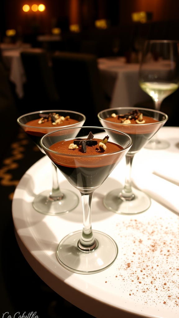 Elegant cups of Chocolate Rum Delight with chocolate shavings and cocoa powder on a refined dining table.