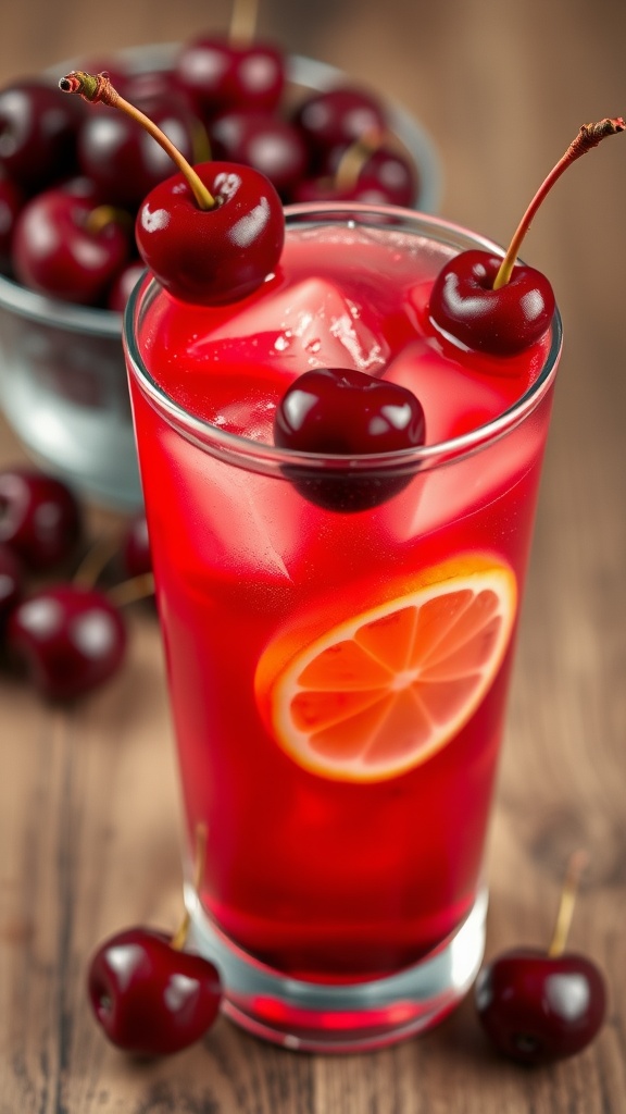 A Cherry Vodka Sour cocktail in a glass, garnished with cherries and lemon, on a wooden table.