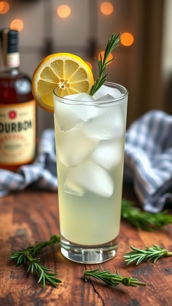 A tall glass of Bourbon Rosemary Fizz cocktail with lemon wheel and rosemary, on a wooden table.