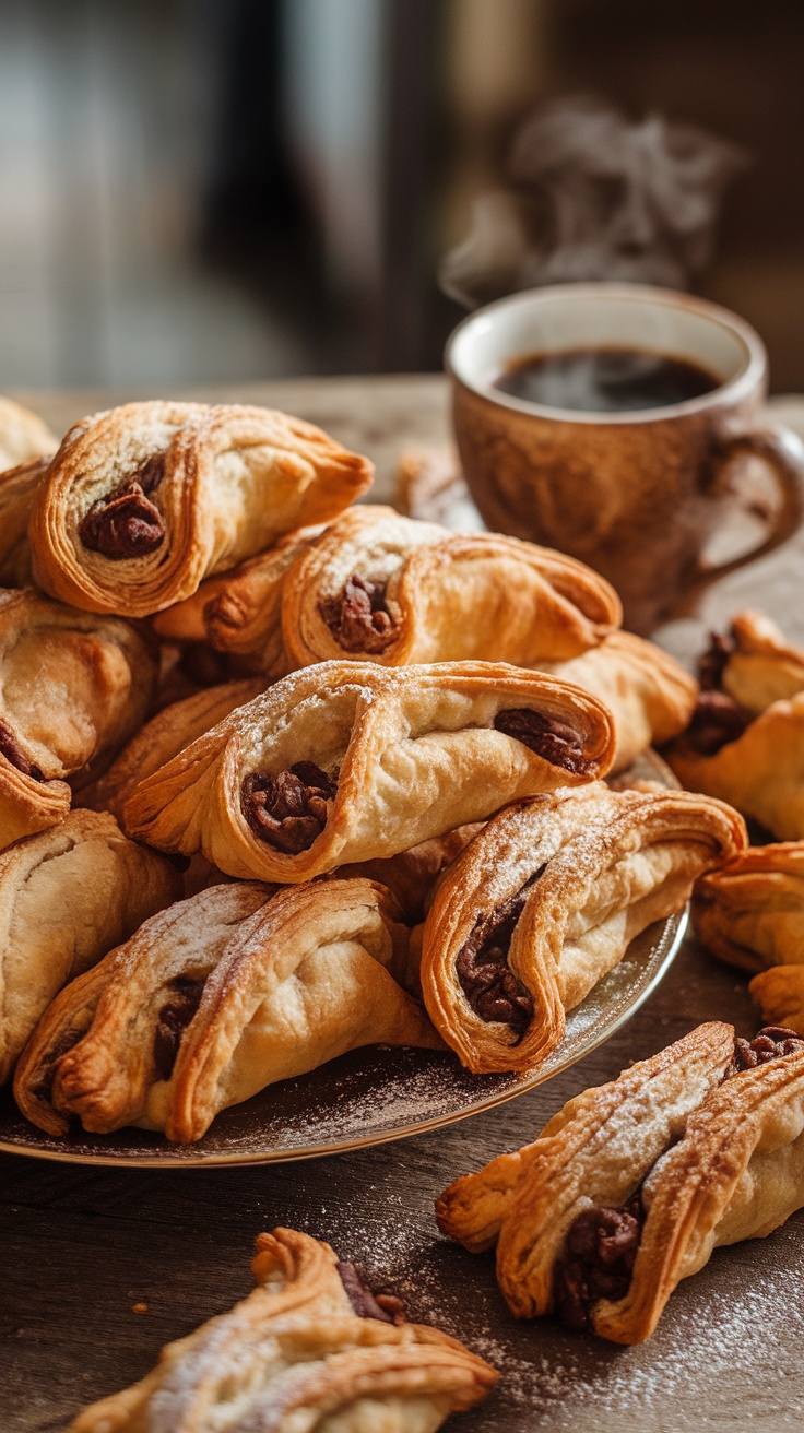 Decadent Chocolate Walnut Rugelach Recipe Plate of chocolate walnut rugelach pastries, golden-brown and dusted with powdered sugar, served with coffee.