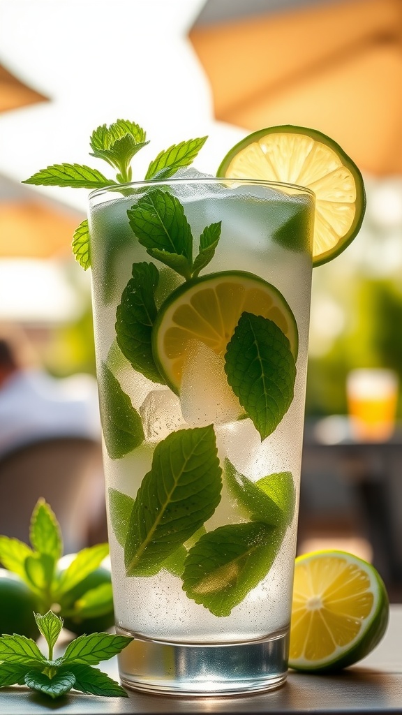 A refreshing vodka mojito cocktail with mint leaves and lime, served in a glass with ice, garnished with mint, on a sunny outdoor table.